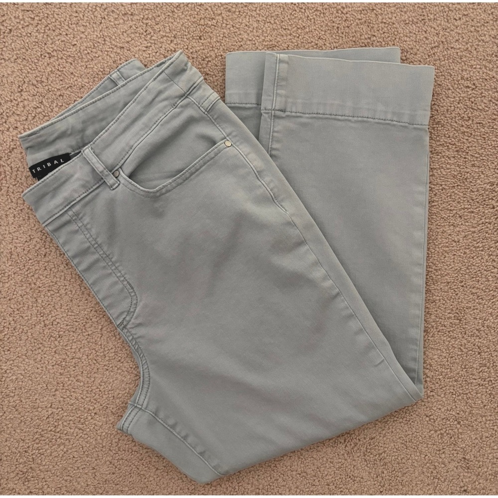 Tribal Pant Size 12 Light Sage Green Wide Leg Crop Stretch Cotton Pull On Pocket